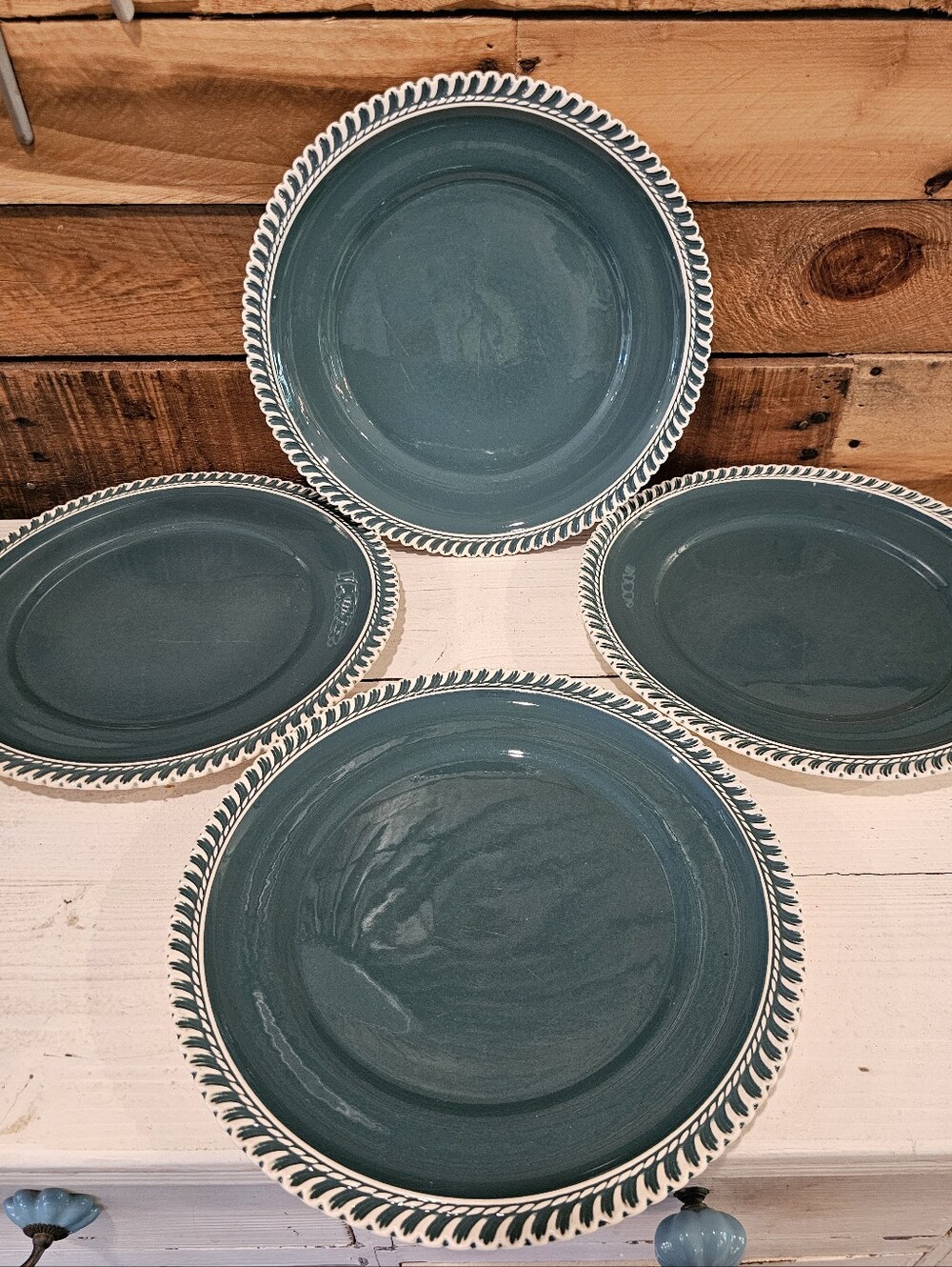 Vtg 50's MCM Harker Pottery Corinthian Green 10" Dinner Plates Set Of 4